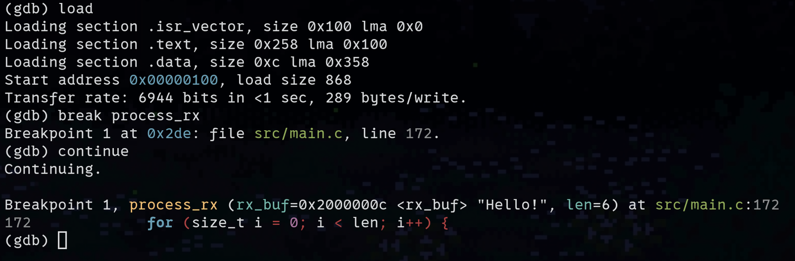 GDB showing SPI loopback data received in rx_buf