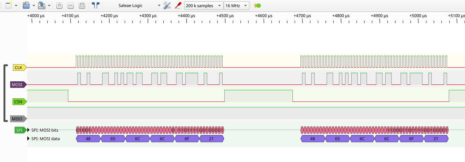 PulseView SPI capture showing SCK, MOSI, MISO, and CSN timing